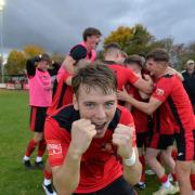Needham Market players celebrate beating Maidstone United to reach the first round of the FA Cup for the first time ever