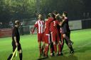 Felixstowe players celebrate after their penalty shoot-out win. Picture: ROSS HALLS