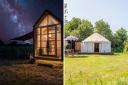The waterside cabin (left) and Valley View Yurt  (right) are available to book this summer