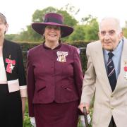 L-R: Julie Farrow MBE, Lady Clare, Countess of Euston and Frank Bright MBE after their investitures