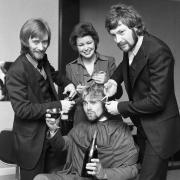Broadcaster Noel Edmonds opens Scissors hair salon in Ipswich, during November 1974