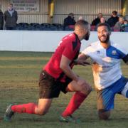 Danny Cunningham, seen here playing for Stowmarket against Coggeshall last season, returns in Coggeshall colours this weekend. Picture: PAUL VOLLER