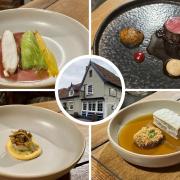 Some of the dishes on the tasting menu at the Peacock Inn in Chelsworth. Clockwise from top left: The halibut, venison, duck leg lasagne and scallop courses